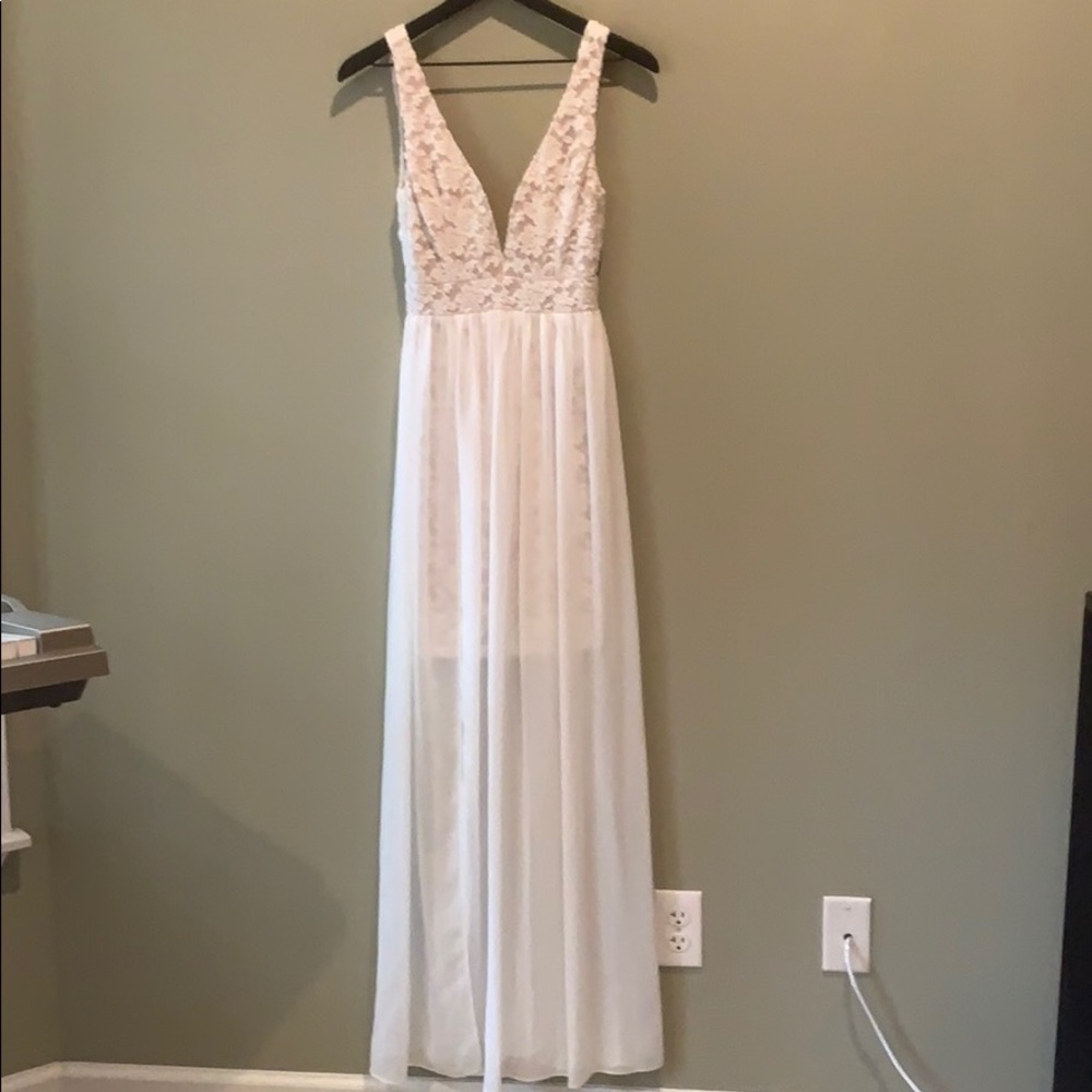 White and tan lace and chiffon dress.